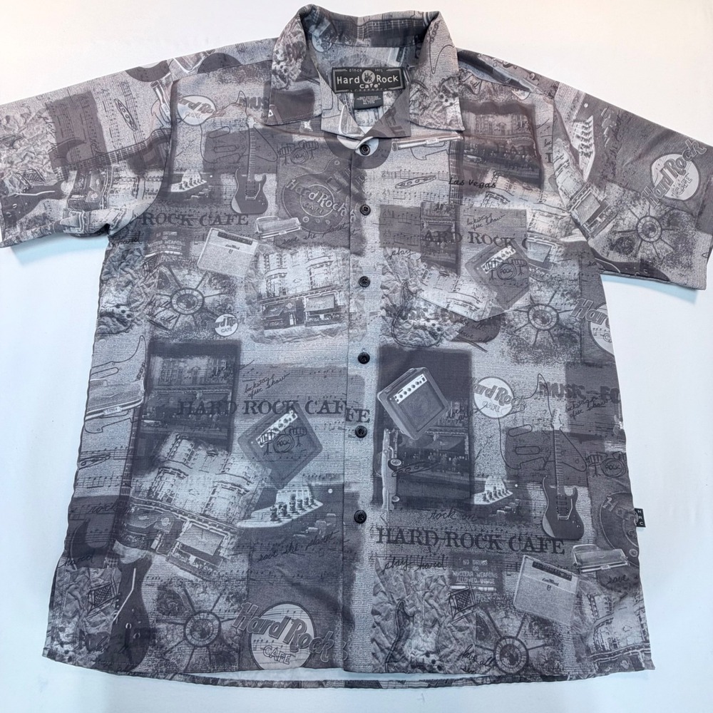 Hard Rock Cafe Mens XL Button Up Shirt Gray AOP Guitar Music Collage Rock Retro
